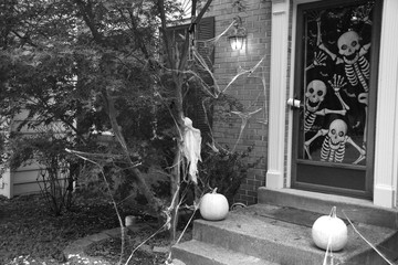 Monochrome Version of Scary Skeletons in Front Doorway Warn Trespassers to Stay Out with Doorstep Decorated by Two Pumpkins and Bushes Adorned by Ghost and Cobwebs in Burke, Virginia on Halloween