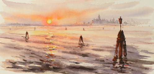 Panorama of venice laguna at sunset. Picture created with watercolors. © dannywilde