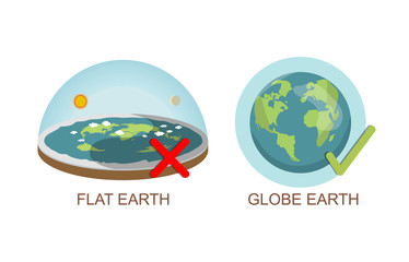 Theory of flat earth. Earth vs spherical earth. Vector illustration. isolated on white background. true, lie Checkbox. check mark.