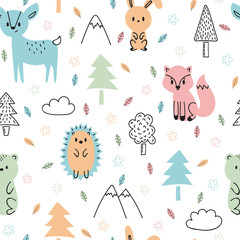 Seamless childish pattern with cute hand drawn forest animals. Design texture for fabric, wrapping, textile, decor. Forest background in cartoon style © Helen Sko
