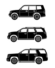 Set of personal cars. Set of off-road automobiles in flat style. Offroad suv. Side view. Vector illustration.