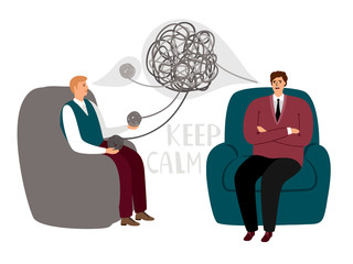Psychotherapy counsel concept, psychotherapist doctor and male patient talking, vector illustration