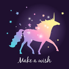 Unicorn colorful silhouette with stars on dark background, vector poster with lettering make a wish.