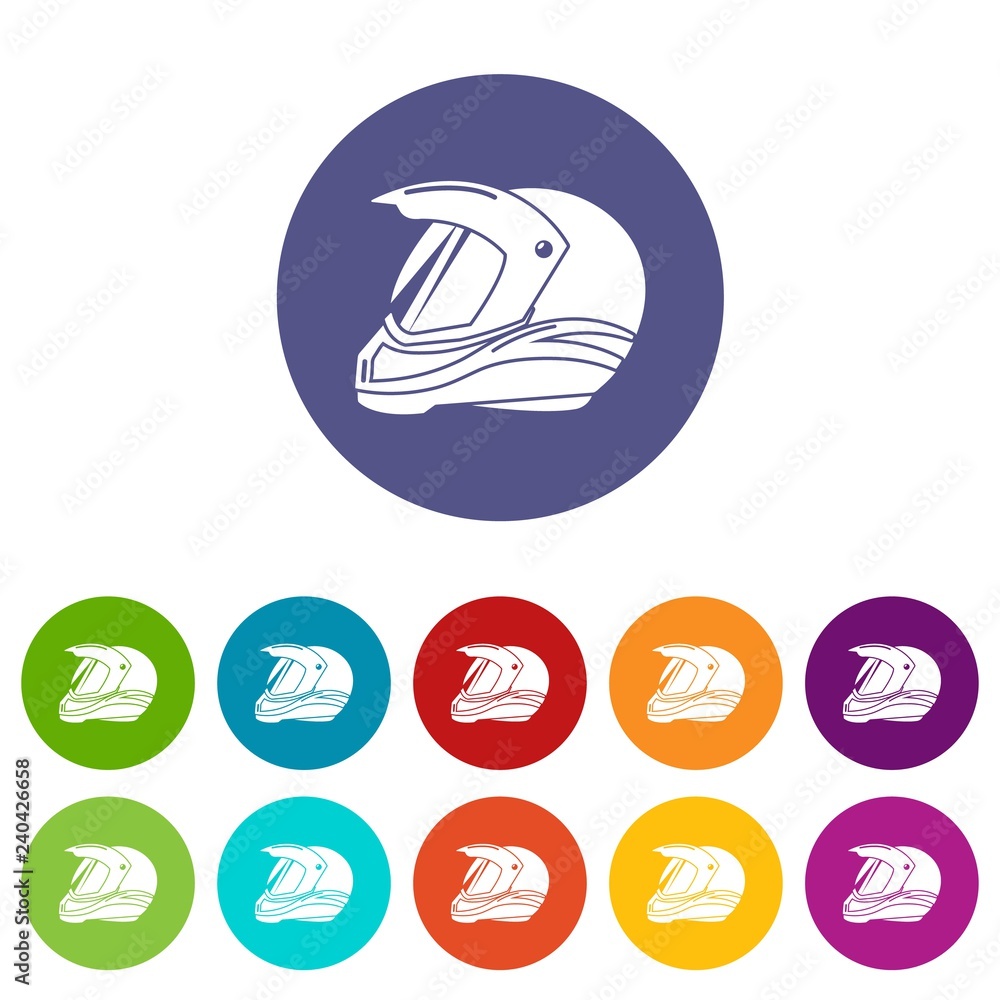 Poster motorcycle helmet racing icons color set vector for any web design on white background