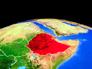 Ethiopia on model of planet Earth with country borders and very detailed planet surface.