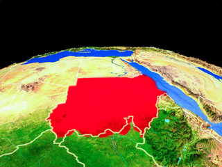 Sudan on model of planet Earth with country borders and very detailed planet surface.