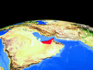 United Arab Emirates on model of planet Earth with country borders and very detailed planet surface.