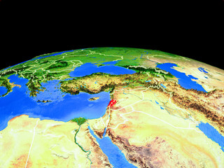 Lebanon on model of planet Earth with country borders and very detailed planet surface.