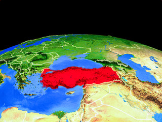 Turkey on model of planet Earth with country borders and very detailed planet surface.