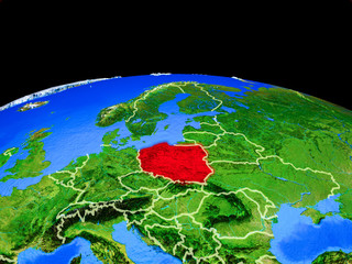Poland on model of planet Earth with country borders and very detailed planet surface.