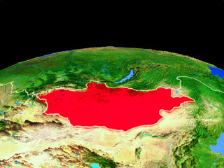 Mongolia on model of planet Earth with country borders and very detailed planet surface.