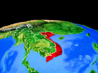 Vietnam on model of planet Earth with country borders and very detailed planet surface.