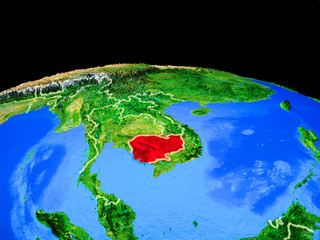 Cambodia on model of planet Earth with country borders and very detailed planet surface.