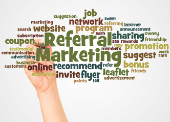 Referral Marketing word cloud and hand with marker concept