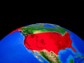 USA on model of planet Earth with country borders and very detailed planet surface.