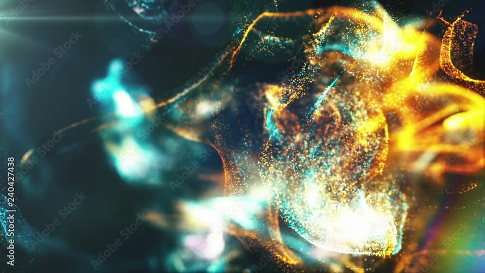 Poster abstract background of particles and fluids of orange and blue interacting with each other