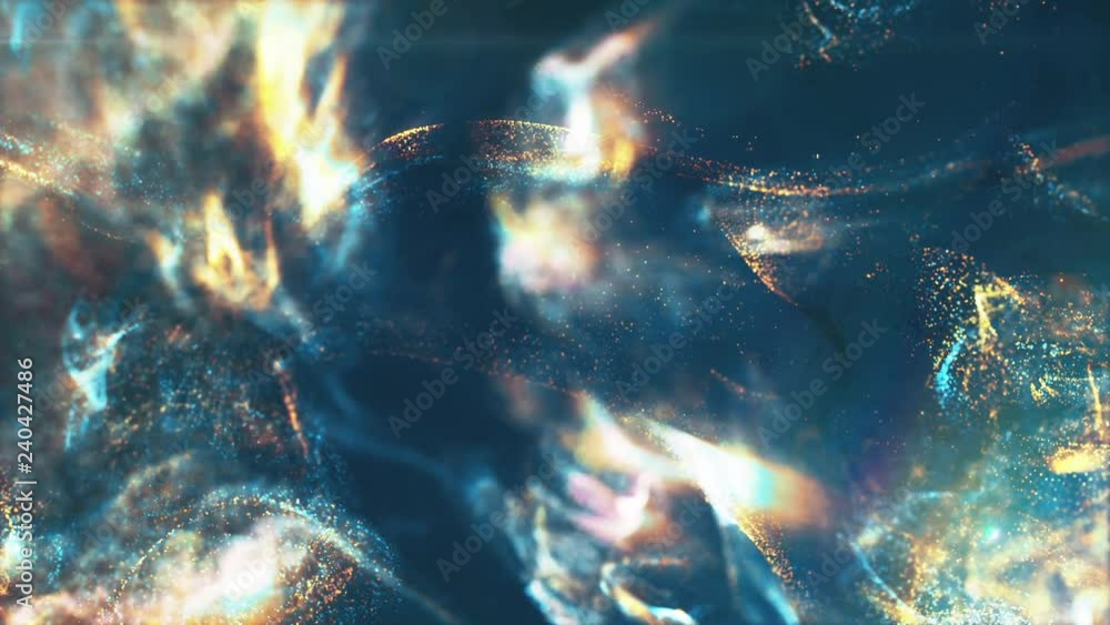 Poster abstract background of particles and fluids of orange and blue interacting with each other