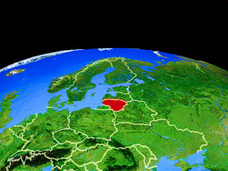 Lithuania on model of planet Earth with country borders and very detailed planet surface.