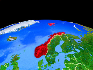 Norway on model of planet Earth with country borders and very detailed planet surface.