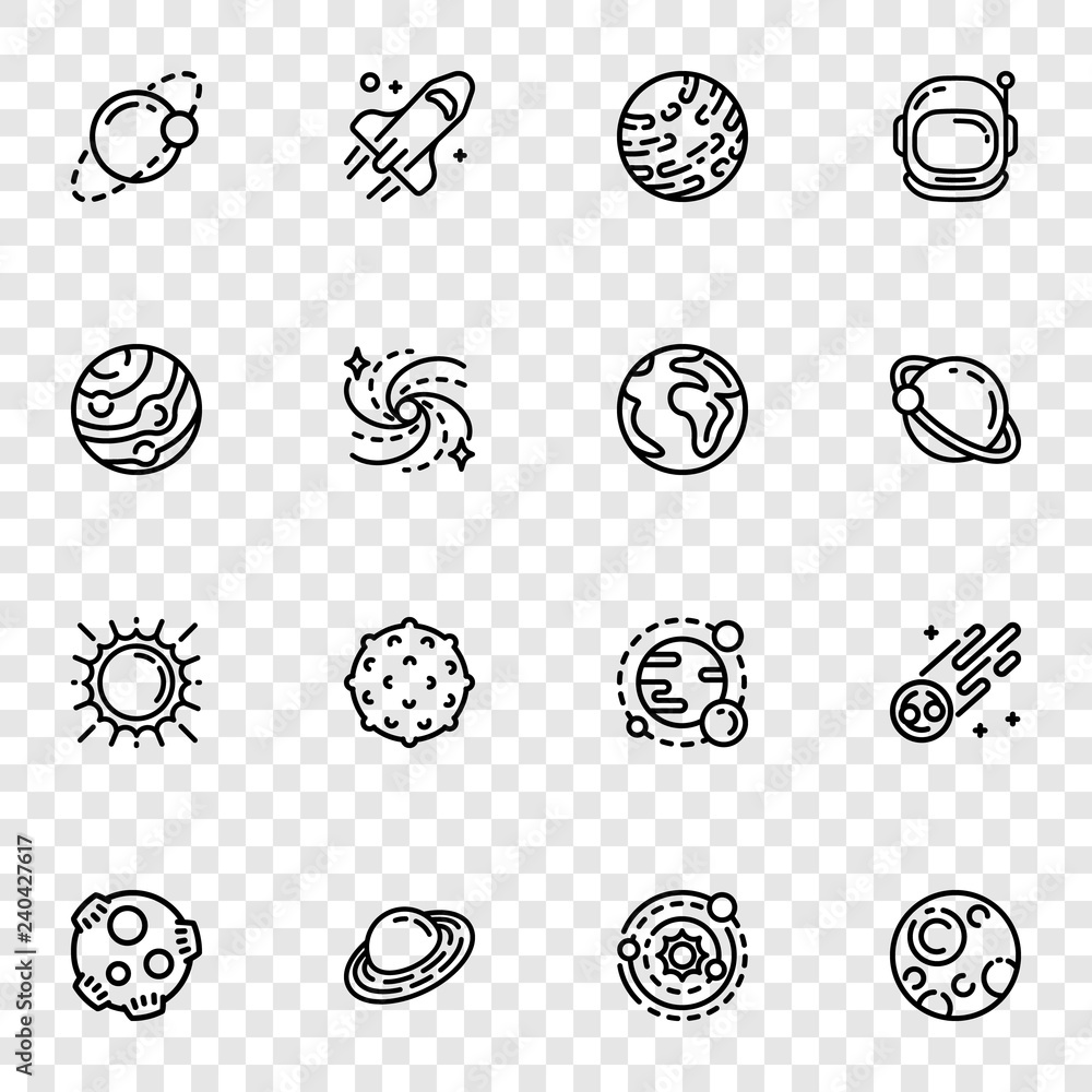 Poster planets icon set. outline set of planets vector icons for web design