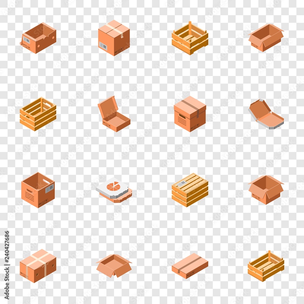 Poster packing box icon set. isometric 3d set of packing box vector icons for web design