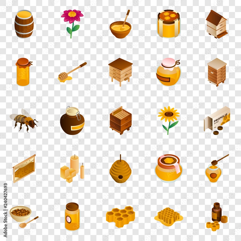 Poster honey icon set. isometric set of honey vector icons for web design