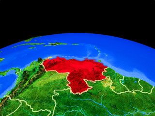 Venezuela on model of planet Earth with country borders and very detailed planet surface.