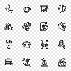 Bribery icon set. Outline set of bribery vector icons for web design