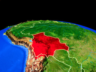 Bolivia on model of planet Earth with country borders and very detailed planet surface.
