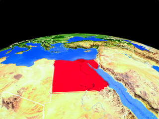 Egypt on model of planet Earth with country borders and very detailed planet surface.