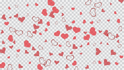 Happy background. Red hearts of confetti are flying. Red on Transparent background Vector. Part of the design of wallpaper, textiles, packaging, printing, holiday invitation for wedding.