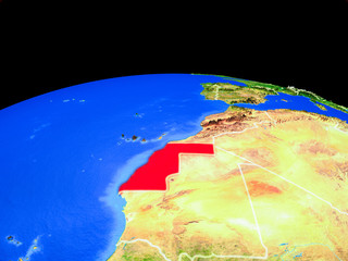 Western Sahara on model of planet Earth with country borders and very detailed planet surface.