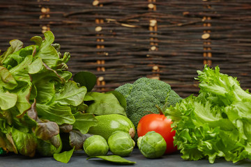 set of vegetables. fresh colorful organic vegetables in rustic style, horizontal close-up view. natural products from the garden. healthy food.