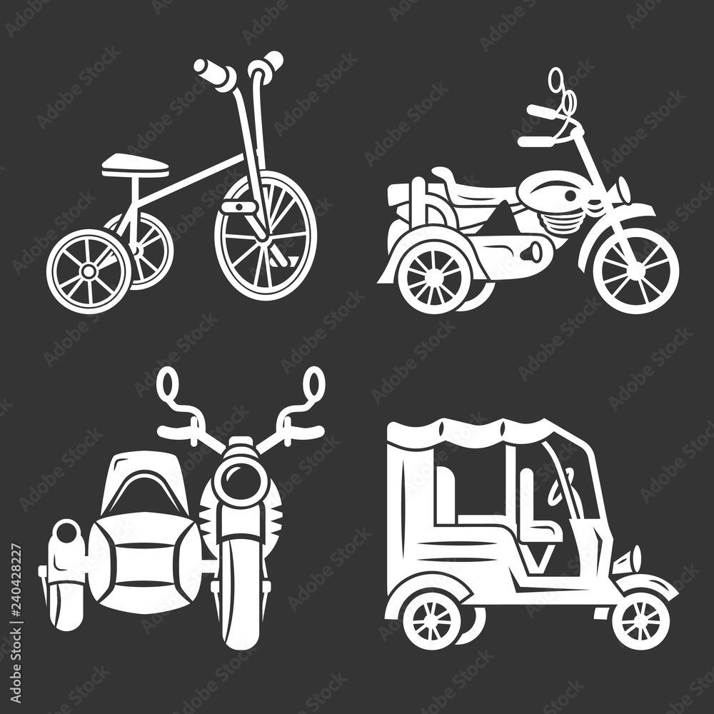 Poster tricycle icon set. simple set of tricycle vector icons for web design on gray background