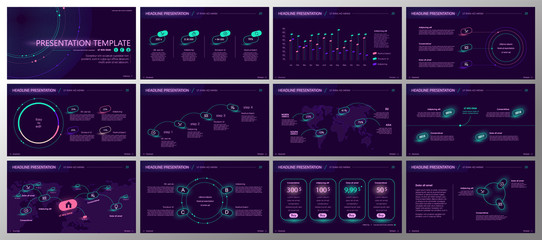 Obraz premium Presentation template. Gradient neon elements for slide presentations on a purple background. Use also as a flyer, brochure, corporate report, marketing, advertising, annual report, banner. Vector