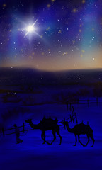 Naklejka na ściany i meble Night in the desert, a bright star in the sky, a camel caravan. Eastern night landscape.