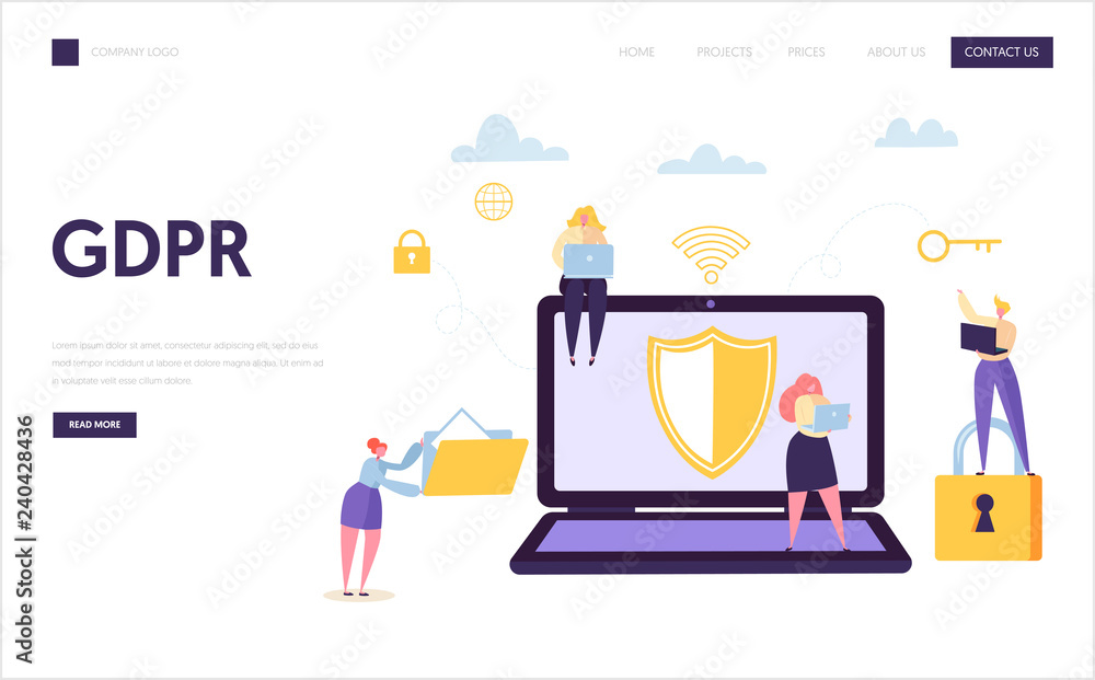 Poster web data internet security landing page. digital information gdpr technology protection. business ch