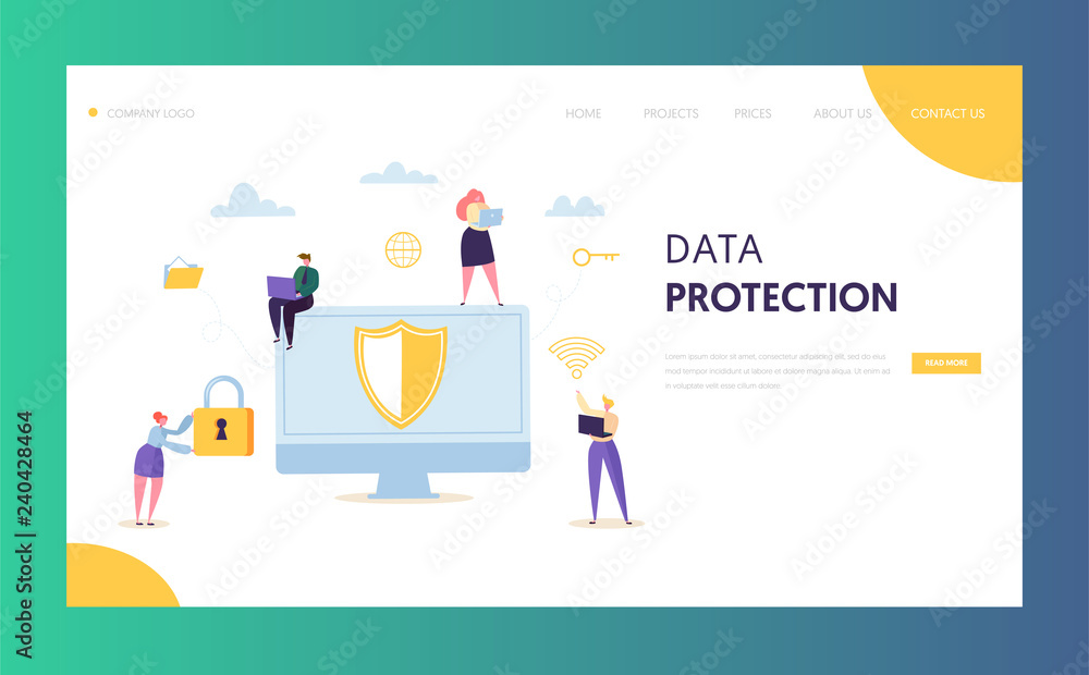 Poster internet data safety network landing page. business information digital shield technology icon. serv