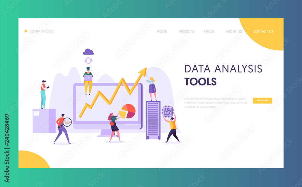 Poster business data analysis software landing page. marketing strategy development for market analyzing by