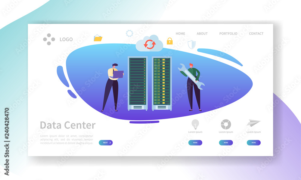Poster data center server repair landing page. technician character support professional storage with lapto