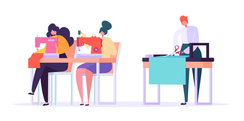 Sewing Clothes Character Flat Vector Drawing. Seamstress Woman Working with Thread Machine and Ironing Cloth. Handmade Fashion Manufacturing Worker Set Cartoon Illustration