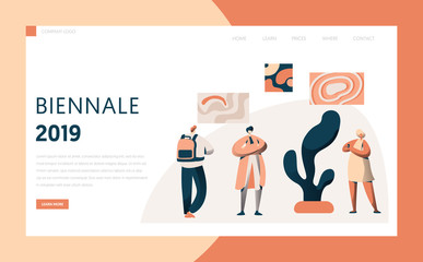 Art Gallery Exhibition Tourist Landing Page. People Character Group at Art Famous Painting Frame Artwork Exposition Interior for Website or Web Page. Flat Cartoon Vector Illustration