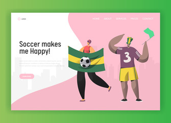 Soccer Brazil Fan Character Couple Landing Page. Excited Friend Celebrate Brazilian Sport Event Cup Game with Flag Concept for Website or Web Page. Flat Vector Illustration