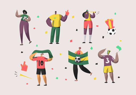 Football Brazil Fan Character Set Illustration. Happy Friend Team Celebrate Brazilian Soccer National Victory. Man Woman Crowd Hold Flag, Scarf Isolated Background Flat Cartoon Vector Collection