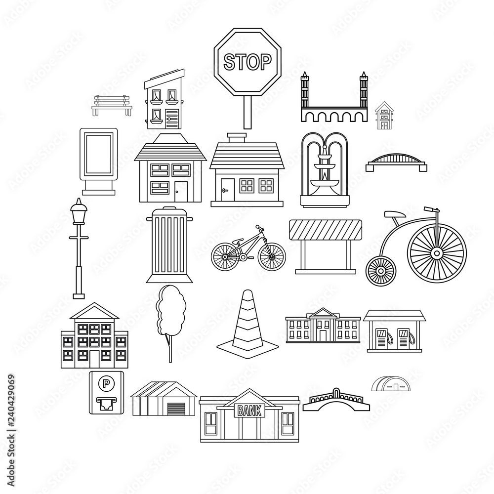 Poster urban architecture icons set. outline set of 25 urban architecture vector icons for web isolated on 