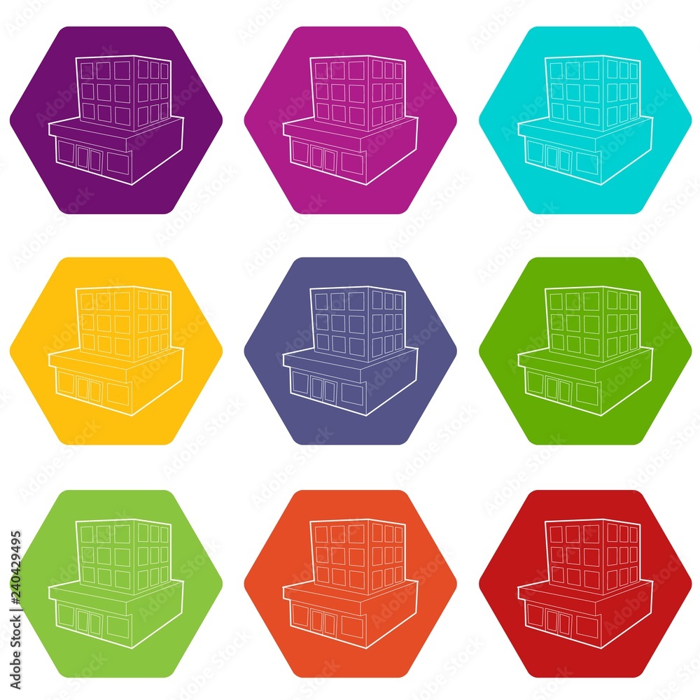 Poster building icons 9 set coloful isolated on white for web