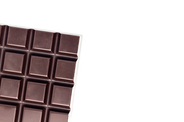 Chocolate, bitter, dark chocolate bar isolated on white background, top view