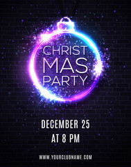 Christmas party night background with lights fireworks sparkle. Xmas decoration shape neon sign. Techno festive ball or bauble. Invitation poster flyer design template on brick wall. 80s style vector.
