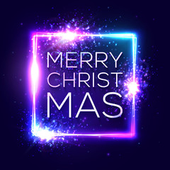 Merry Christmas text on blue neon lights frame. Decorative background with sparkles fireworks particles. Festive greeting card with square glowing logo. Xmas vector illustration in 80s retro style.