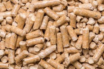 Close-up macro filler for cat pet pet toilet. Pressed wood sawdust egology clean, no smell for the house, the animal goes to the toilet